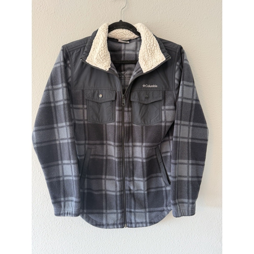 Columbia Sportswear Womens GrayBlack Buffalo Plaid Fleece Jacket Sherpa Collar S